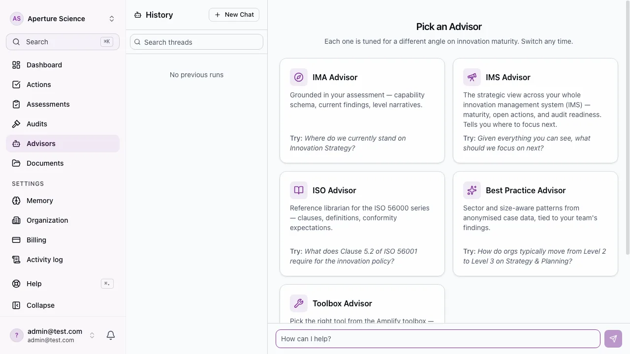 The Advisors hub, showing the conversational advisors grounded in research- and experience-based knowledge
